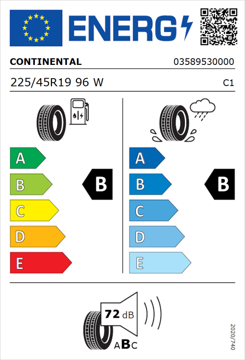 Tyre Label for Continental EcoContact 6 225/45R19 96W