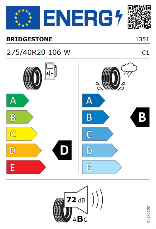 Tyre Label for Bridgestone Dueler H/P Sport 275/40R20 106W