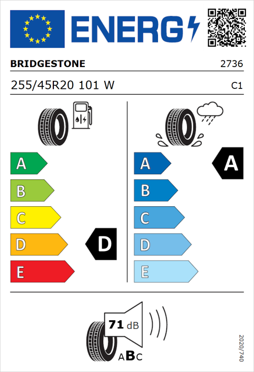 Tyre Label for Bridgestone Dueler H/P Sport 255/45R20 101W