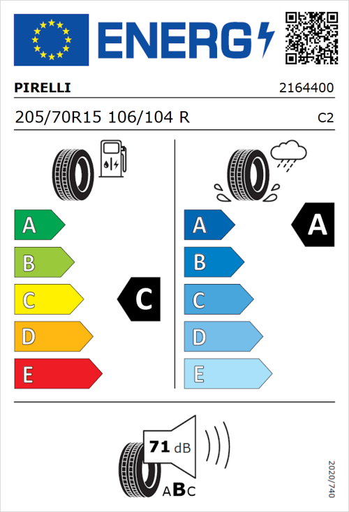Tyre Label for Pirelli Carrier 205/70R15 106/104R