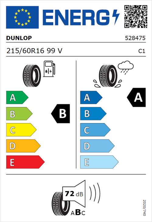 Tyre Label for Dunlop Sport BluResponse 215/60R16 99V