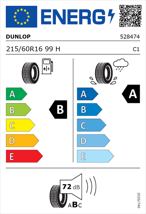 Tyre Label for Dunlop Sport BluResponse 215/60R16 99H